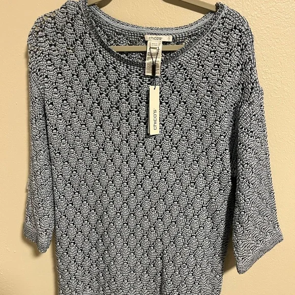 NWT Chico's Blue Knit Openwork Pull Over Sweater-Chico’s Size 2 - Picture 1 of 8